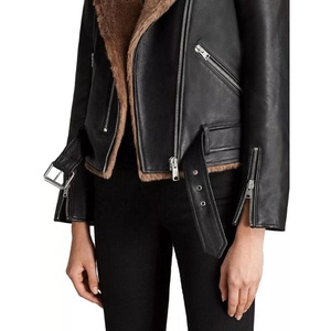 Nueva moda mujer bombardero piel marrón piel de oveja Real chaqueta de cuero de oveja invierno cinturón cremallera elegante abrigo de cuero para niñas - Product Image 5