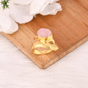 Bague en laiton avec pierre précieuse en calcédoine rose faite à la main, bijoux en laiton élégants pour femmes - Product Image 3