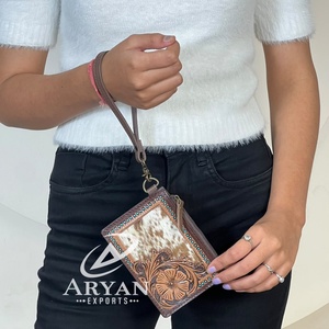 Monedero de Cuero Vacuno Genuino con Diseño Floral, Estilo Occidental, Cierre de Cremallera, Porta Monedas, Tarjetas y Efectivo - Product Image 1