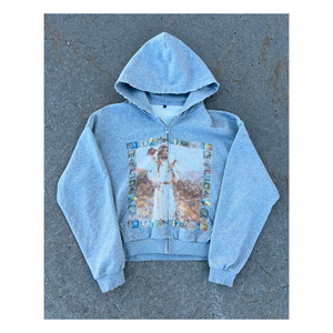 เสื้อฮู้ดดี้ผ้าคอตตอนผสมสไตล์วินเทจสำหรับผู้ชาย ล้างสีแบบแอซิด สีพื้น รุ่นใหม่ล่าสุด พิมพ์ลายสกรีน ทรงหลวม ซิปหน้า - Product Image 2