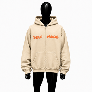Beige Oversized Zip Up <b>Hoodie</b> With Self Made <b>Orange</b> Graphic Print Unisex Streetwear Loose Fit Casual Hooded Sweatshirt Fashion - Product Image 1