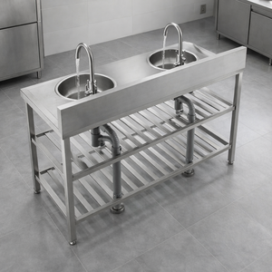Évier de cuisine rectangulaire double cuve en acier inoxydable Daystar Trade Commercial avec support de robinet, finition brossée artisanale, moderne, quatre pièces - Product Image 3