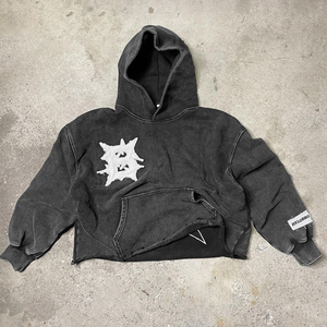 Sweat à capuche noir surdimensionné pour homme avec logo lettre appliqué blanc, style streetwear, coupe classique, poche avant, en coton - Product Image 2