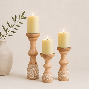 Handcrafted Mango Wood Pillar Candle Holders Set Of 3 Vintage Rustic Floral Carved Candlesticks For Home Decor And Wedding Table - Product Image 2