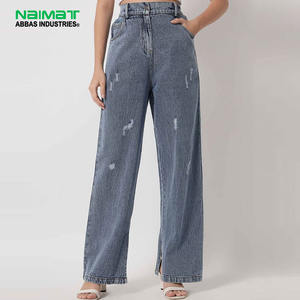 Jeans de Cintura Alta y Pierna Ancha para Mujer, Pantalones Vaqueros Azul Claro Desgastados, Corte Holgado y Recto - Product Image 1