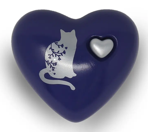 Urna Conmemorativa Azul con Estampado de Gato Plateado y Mini Corazón para Cenizas, Corazón para Cenizas Funerarias de Metal, Latón/Aluminio - Product Image 1