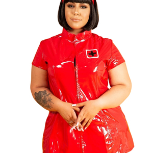 Robe moulante rouge en PU avec col mandarin, manches courtes, coupe ajustée, mini-robe unie pour soirée avec poches - Product Image 5