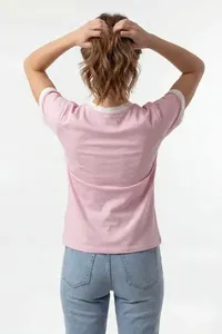 T-shirt rose à manches courtes pour femmes, couleur unie, col rond, haut décontracté d'été - Product Image 2