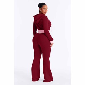 Conjunto de Dos Piezas con Capucha Color Granate para Mujer, Ropa Deportiva Informal de Punto, Corte Holgado, Pantalones Largos de Color Sólido con Ribete Rosa para Todas las Temporadas - Product Image 3