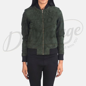 Women Dark Green Genuine Suede <b>Leather</b> Bomber <b>Jacket</b> Slim Fit Premium Goat Suede Casual Winter Varsity Outerwear Coat - Product Image 3