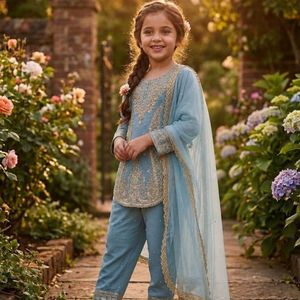 Ensemble Kurti Sharara en Georgette avec broderie lourde et travail Moti, et Dupatta en voile de soie, entièrement cousu, pour enfants, par Royal Export - Product Image 1