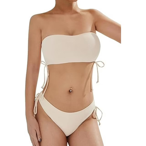 Conjunto de Bikini de Dos Piezas para Mujer, sin Tirantes, Acanalado, con Lazos Laterales, Color Sólido, Logotipo Frontal, Alta Elasticidad, Top y Braguita - Product Image 1
