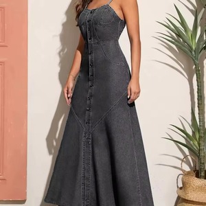 Vestido de mezclilla maxi sin mangas azul de nuevo diseño para mujer, informal y formal, con un solo botón, de marca, al por mayor. - Product Image 2