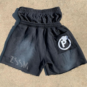 Pantalones Cortos Deportivos Personalizados para Hombre, Estilo Vintage, Lavado Ácido, Doble Cintura, con Parche Bordado en Lona, Felpa Francesa, Bajo sin Rematar - Product Image 6