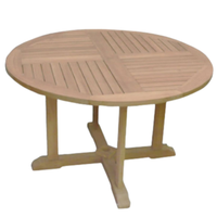Table de repas d'extérieur ronde en teck naturel avec surface à quatre panneaux à lattes et pieds croisés