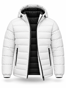 <b>Men's</b> <b>White</b> Hooded <b>Puffer</b> <b>Jacket</b> Winter Waterproof Quick Dry Windproof Casual Zipper Polyester Wadding Regular Length Solid - Product Image 4