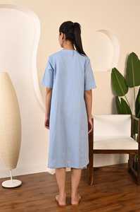 Robe midi en coton pour femmes, coupe évasée, bleu uni, manches courtes, décontractée, ample, robe d'été - Product Image 2