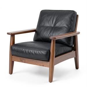 เก้าอี้พักผ่อนห้องนั่งเล่น หนังวัวแท้สีดำ โครงไม้เนื้อแข็งสีน้ำตาลธรรมชาติ เก้าอี้นั่งเล่นทันสมัยสำหรับเฟอร์นิเจอร์บ้าน - Product Image 1