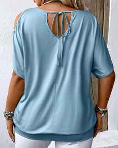 Chemisier pour femme à épaules dénudées avec imprimé plumes et découpe au dos, motif plumeux sur le devant en blanc et vert sarcelle contrastant - Product Image 3