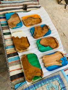 Handcrafted Ocean Blue <b>Epoxy</b> Resin Wooden Serving Tray with Durable Gold Metal Handles for Kitchen, <b>Coffee</b> <b>Table</b> & Gift Giving - Product Image 4