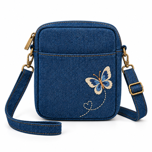 Women's Denim Crossbody <b>Bag</b> with Butterfly Embroidery Zipper Closure Classic Style All Seasons Daily Use Polyester Lining Travel - Product Image 1