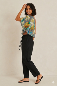 Yellow Stripe Floral Print One Shoulder Short Cotton Silk Sexy & Club <b>Top</b> - Product Image 2
