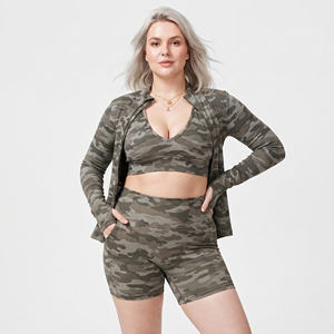 Customized Camo Printed Gym Wear Three Piece Set Women's Sports Bra Compression Shorts Custom Print Long Sleeve Training Jacket - Product Image 1