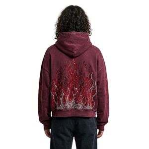 Sweat à capuche personnalisé avec motif flamme, en molleton de coton, rouge bordeaux, délavé à l'acide, style grunge sombre, streetwear alternatif - Product Image 2