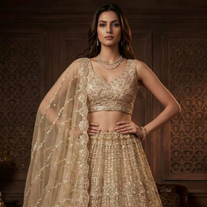 Lehenga Choli de Boda Dorado con Motivos de Cuentas Hechos a Mano, Mangas Tipo Tank, Dupatta de Diseñador, Tela No Tejida, Encaje en Cuatro Lados y Butti Completo - Product Image 1