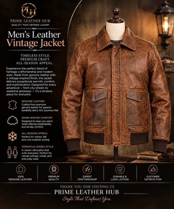 Blouson aviateur en cuir véritable marron pour homme, col rabattu, fermeture éclair, style décontracté automne, coupe classique - Product Image 3