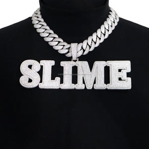 Moissanite Diamond <b>SLIME</b> Iced Out Name Pendant Necklace With Cuban Link Chain Bold Letter Typography Design Statement Jewelry - Product Image 1