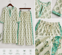 Ensemble Kurta Slim Fit à Col Halter Imprimé Floral Ethnique pour Mariage Formel, Pyjama en Coton avec Bordure Latérale, Tenue d'Été pour Femme