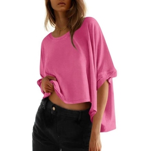 T-shirt court pour femme, bleu clair, manches courtes, col rond, coupe ample, en coton tricoté, couleur unie, respirant, pour le printemps - Product Image 4