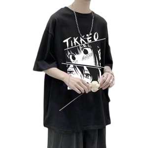 เสื้อยืดโอเวอร์ไซส์ผู้ชาย สีดำ พิมพ์ลายอนิเมะ แขนสั้น คอกลม ทรงหลวม สไตล์สตรีทแวร์ ฮิปฮอป แฟชั่นลำลอง เสื้อยืดผู้ชาย - Product Image 1