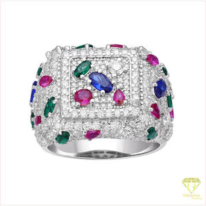 Anillo de Plata de Ley 925 con Diamante Cultivado en Laboratorio, Banda Ancha, Detalles de Piedras Multicolores, Joyería de Lujo para Compradores Mayoristas - Product Image 1