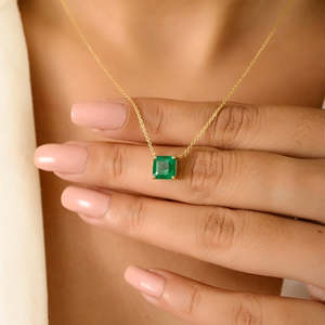 14K Solid Gold 1.51 Ct Emerald Square Cut Chain Necklace Rhodium Plated - Product Image 1