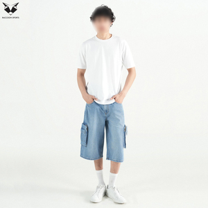 Shorts en jean oversize tendance pour hommes, coupe ample, avec logo personnalisé, en denim délavé, multi-poches, décontractés, pour l'été - Product Image 2