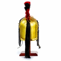 Casque de Garde Prétorienne Romaine Médiévale en Fer Poli Plaqué Or, Plume Rouge et Noire, Emblème Méduse Grecque, Mentonnières Ouvertables