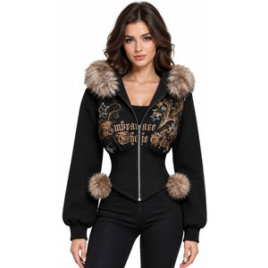 Women's <b>Black</b> Hooded Zip-Up <b>Jacket</b> With Faux Fur Collar And Pom Poms Embossed Letter Design Winter Wear Hoodies - Product Image 4