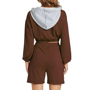 Women's <b>Brown</b> Hooded Crop <b>Top</b> & Shorts Set With Side Stripe Sporty 2 Piece Outfit Spring Summer Knitted Spandex Polyester - Product Image 2