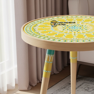 Yellow Meena Design Wooden <b>Stool</b> – Handcrafted <b>Round</b> Decorative Accent <b>Stool</b> for Living Room & Bedroom - Product Image 3