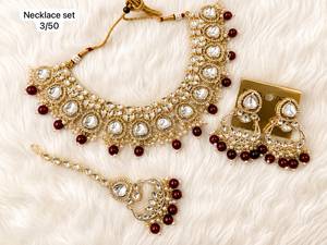 Handcrafted Wedding Bridal Kundan Choker Emerald Green Gemstone Bead Fringe Necklace Earring <b>Set</b> Matching Chandbalis Maang Tikka - Product Image 1