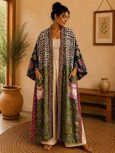 <b>Light</b> Weight Silk Long Dressing Gown With Two pocket Patchwork Silk Kimono Robe For Women - Product Image 3