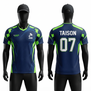 เสื้อแบดมินตันผ้าตาข่ายโพลีเอสเตอร์พรีเมียม 100% 140 GSM สีกรมท่า-เขียว ตัดต่อผ้าสีตัดกัน  โลโก้สั่งทำได้ แห้งเร็ว แขนสั้น ใส่ได้ทั้งชายและหญิง - Product Image 1