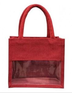 Jute Tote Gift Shopping <b>Bag</b> Clear Window Rope Handle Button Closure <b>Medium</b> <b>Size</b> for Retail Boutique Packaging - Product Image 5