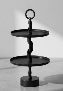 Plateau de service élégant noir à deux niveaux avec pied torsadé, support à gâteau, présentoir à desserts et fruits, décoration événementielle - Product Image 2