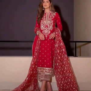 Belle Designer Salwar Kameez Palzoo Avec Roman Soie Tissu Fil Séquence Travail Faux Georgette Dupatta Séchage Rapide Moderne - Product Image 1