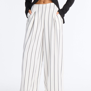 Nouvel Arrivage – Pantalon Décontracté Femme Taille Haute Rayé Ample en Crêpe avec Poches, Coupe Ample et Longueur Intégrale, Idéal Printemps - Product Image 1