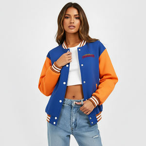 Chaqueta Varsity Negra de Lujo para Mujer, Chaqueta Bomber con Mangas de Cuero PU Marrón y Ribete a Rayas - Product Image 4