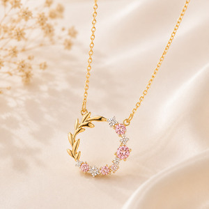 Flower Birthstone 18k Gold Plated Gold-Tone Zircon Wreath Fine Pendant <b>Necklace</b> - Product Image 6